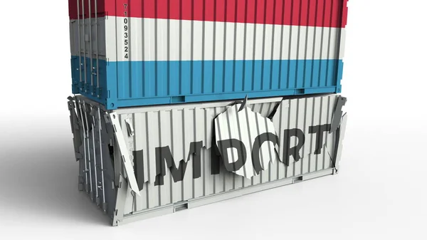 Container met vlag van Luxemburg breekt container met import tekst. Conceptuele 3D-rendering — Stockfoto