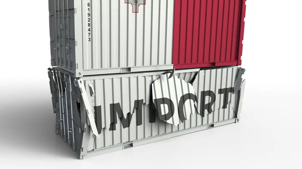 Container met vlag van Malta breekt container met import tekst. Conceptuele 3D-rendering — Stockfoto