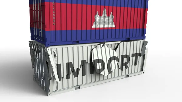 Recipiente de carga com bandeira do Camboja quebra contêiner com texto IMPORT. Renderização 3D conceitual — Fotografia de Stock