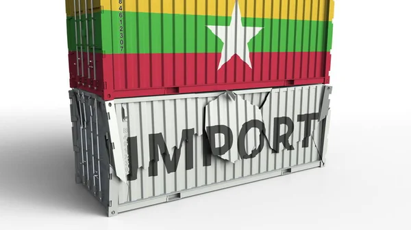 Cargo container with flag of Myanmar breaks container with IMPORT text. Conceptual 3D rendering — Stock Photo, Image