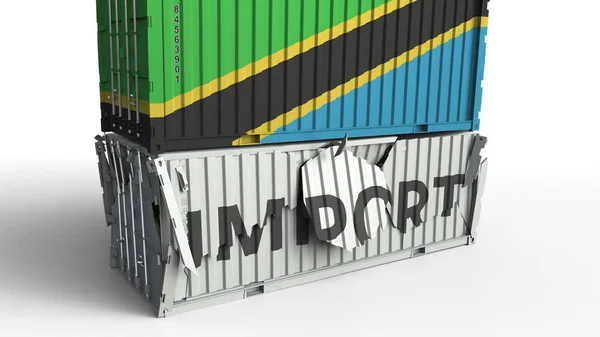 Recipiente de carga com bandeira da Tanzânia quebra recipiente com texto IMPORT. Renderização 3D conceitual — Fotografia de Stock
