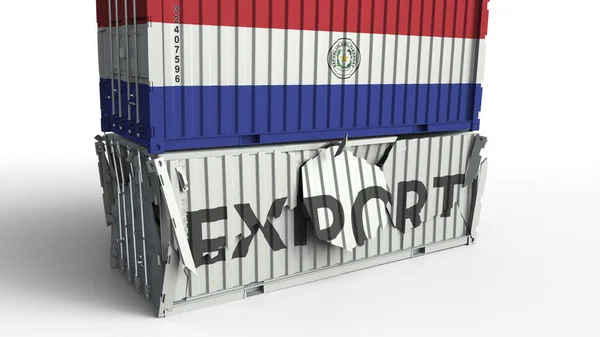 Contenedor de carga con bandera de Paraguay rompe contenedor con texto EXPORTAR. Renderizado 3D conceptual —  Fotos de Stock