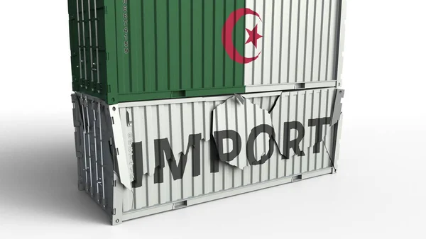 Cargo container with flag of Algeria breaks container with IMPORT text. Conceptual 3D rendering — Stock Photo, Image