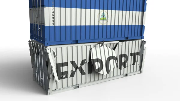 Contenedor con bandera de Nicaragua rompe contenedor con texto EXPORT. Renderizado 3D conceptual —  Fotos de Stock