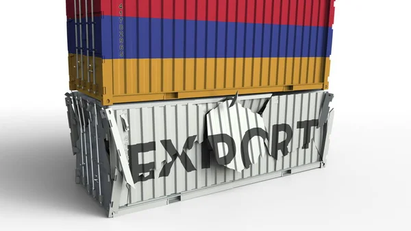 Contenitore con bandiera dell'Armenia rompe container con testo EXPORT. Rendering 3D concettuale — Foto Stock