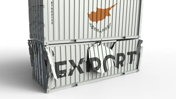 Контейнер с флагом Кипра разрывает контейнер с текстом EXPORT. Концептуальная 3D рендеринг — стоковое фото
