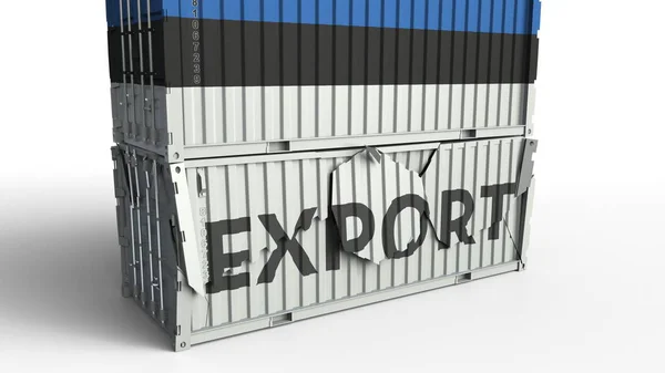 Cargo container with flag of Estonia breaks container with EXPORT text. Conceptual 3D rendering — Stock Photo, Image