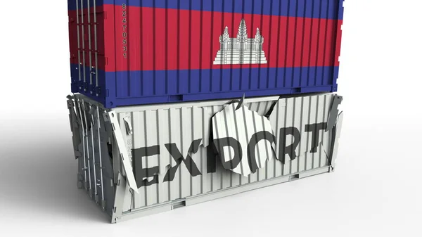 Cargo container with flag of Cambodia breaks container with EXPORT text. Conceptual 3D rendering — Stock Photo, Image