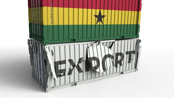 Contenitore di carico con bandiera del Ghana rompe contenitore con testo EXPORT. Rendering 3D concettuale — Foto Stock