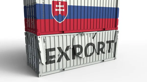 Container with flag of Slovakia breaks container with EXPORT text. Conceptual 3D rendering — Stock Photo, Image