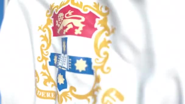 Bandeira voadora com emblema da Universidade de Sydney, close-up. Editorial loopable animação 3D — Vídeo de Stock