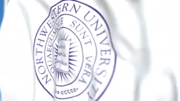 Mávající vlajka se znakem severozápadní univerzity, zblízka. Redakční smykliatelná 3D animace — Stock video