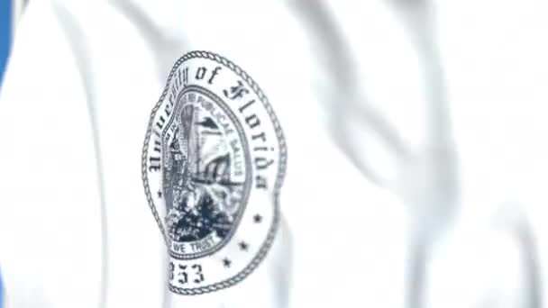 Bandeira voadora com emblema da Universidade da Flórida, close-up. Editorial loopable animação 3D — Vídeo de Stock