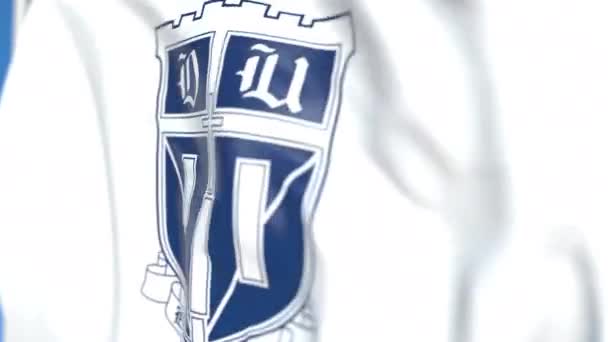 Waving flag with Duke University emblem, close-up. Editorial loopable 3D animation — Stock Video