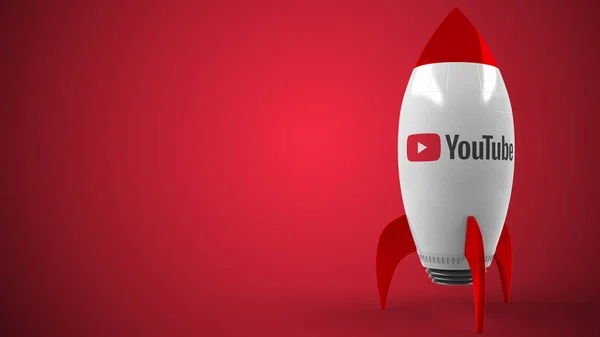 Logo YOUTUBE pada roket mainan. Penyuntingan sukses konseptual terkait rendering 3D — Stok Foto