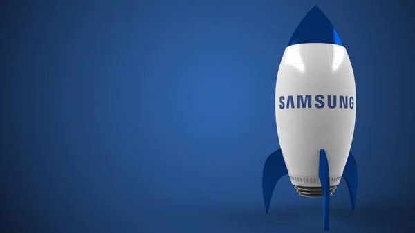 Logo společnosti Samsung na hračkářově raketě. Redakční koncepčně související prostorové vykreslování — Stock fotografie
