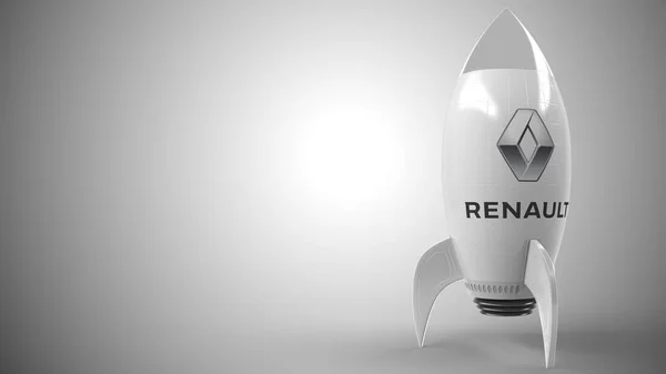 Logo de RENAULT em um foguete de brinquedo. Renderização 3D relacionada ao sucesso conceitual editorial — Fotografia de Stock