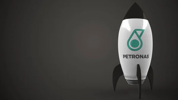 Logo di PETRONAS su un razzo giocattolo. Rendering 3D relativo al successo concettuale editoriale — Foto Stock