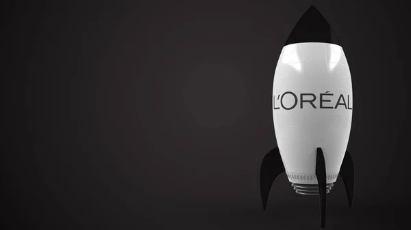 Logotipo de LOREAL en un cohete de juguete. Éxito conceptual editorial relacionado con la representación 3D —  Fotos de Stock