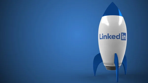 Logotipo LINKEDIN contra una maqueta de cohetes. Éxito conceptual editorial relacionado con la representación 3D — Foto de Stock