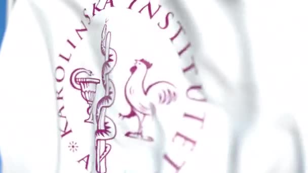 Flying flag with Karolinska Institute emblem, close-up. Animación en 3D loopable editorial — Vídeo de stock