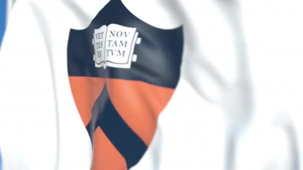 Princeton Üniversitesi amblemi ile uçan bayrak, yakın çekim. Editoryal döngülü 3d animasyon — Stok video