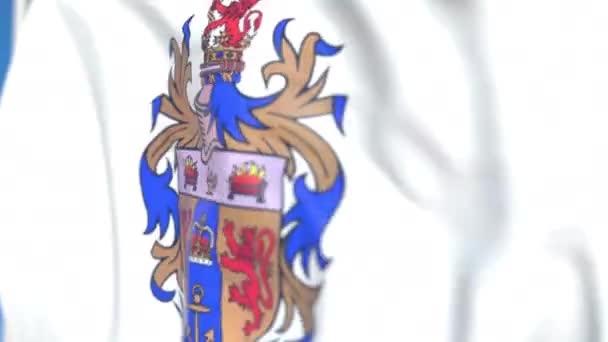 Bandeira acenando com o emblema Kings College London, close-up. Editorial loopable animação 3D — Vídeo de Stock