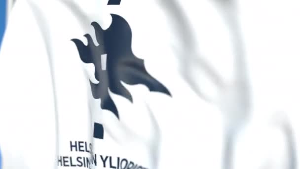 Bandiera volante con emblema dell'Università di Helsinki, primo piano. Animazione 3D loop editoriale — Video Stock