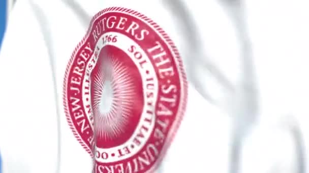 Pływające flaga z Rutgers State University godło, zbliżenie. Redakcyjnej pętli animacji 3D — Wideo stockowe