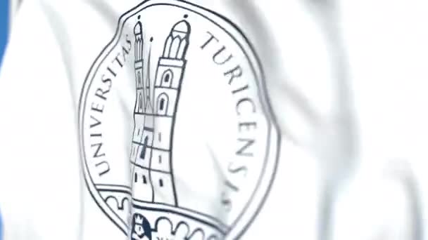 Bandeira voadora com emblema da Universidade de Zurique, close-up. Editorial loopable animação 3D — Vídeo de Stock
