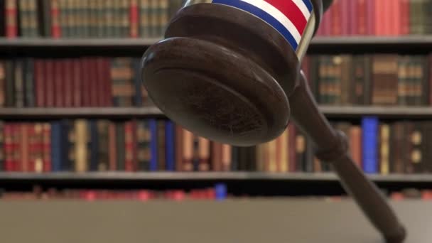 Bandera de Costa Rica sobre la caída de jueces martillo en la corte. Justicia nacional o jurisdicción relacionada con la animación conceptual 3D — Vídeos de Stock