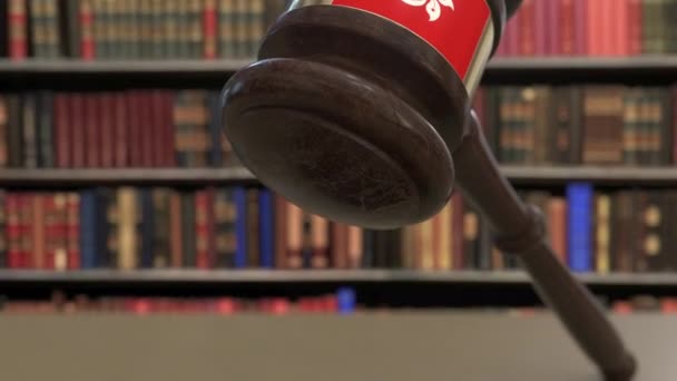 Vlag van Hong Kong over vallende rechters Gavel voor de rechtbank. Nationale justitie of jurisdictie gerelateerde conceptuele 3D-animatie — Stockvideo