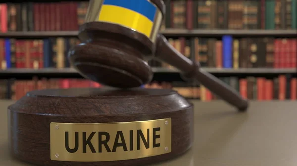 Прапор України щодо падіння суддів Гавеля в суді. Національна справедливість або юрисдикція, пов'язані з концептуальним 3D-рендерінг — стокове фото