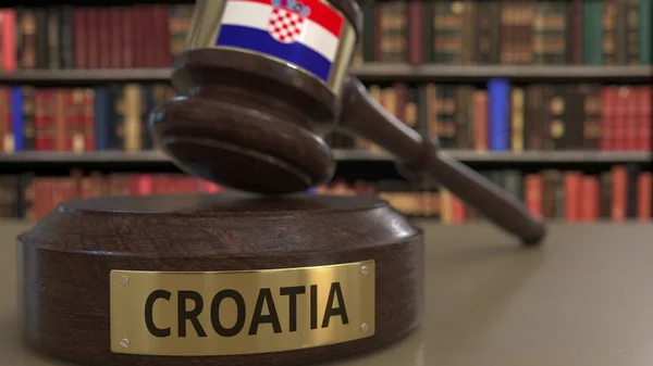 Kroatiens flagga om fallande domare ordförandeklubban i domstolen. Nationell rättvisa eller jurisdiktion relaterade Konceptuell 3D-rendering — Stockfoto