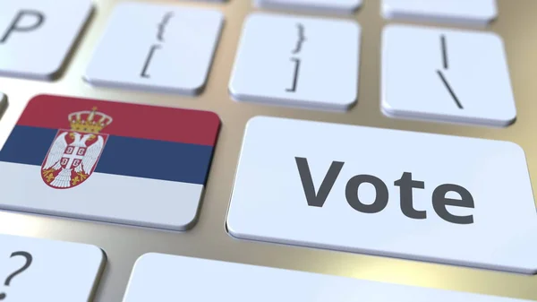 Ψηφίστε κείμενο και σημαία της Σερβίας στα κουμπιά του πληκτρολογίου του υπολογιστή. Εκλογική σχετική εννοιολογική απόδοση 3D — Φωτογραφία Αρχείου