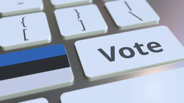 VOTA testo e bandiera di Estonia sui pulsanti sulla tastiera del computer. Rendering concettuale 3D relativo alle elezioni — Foto Stock