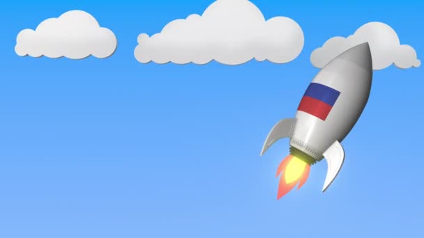 ロシアの旗を持つロケットは空を飛ぶ。ロシアの成功または宇宙プログラム関連のループ可能な動きの背景 — ストック動画