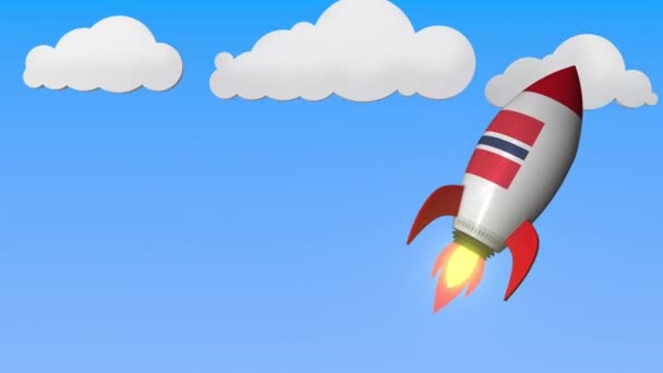 Flagge Norwegens auf einer Rakete hoch am Himmel. norwegischer Erfolg oder Raumfahrtprogramm im Zusammenhang mit loopable motion background — Stockvideo