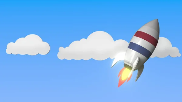 Прапор Нідерландів на ракеті летить високо в небі. Голландський успіх або космічна програма, пов'язана 3D-рендерінг — стокове фото
