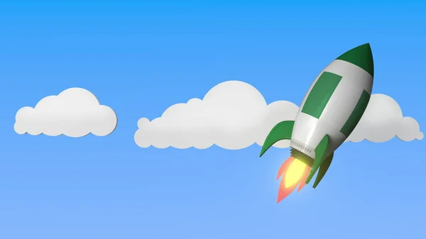 Bandeira da Nigéria em foguetes voando alto no céu. Sucesso nigeriano ou renderização 3D relacionada ao programa espacial — Fotografia de Stock