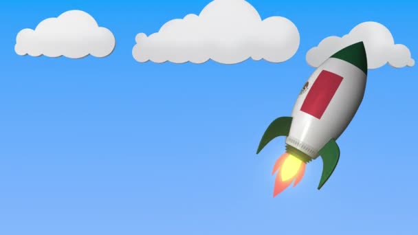 Mexická vlajka v raketovém létání vysoko na obloze. Mexický úspěch nebo vesmírný program související s pohybem na pozadí — Stock video
