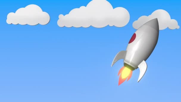 Raket med Japans flagga flyger i skyn. Japanska framgång eller rymdprogram relaterade loopable rörelse bakgrund — Stockvideo