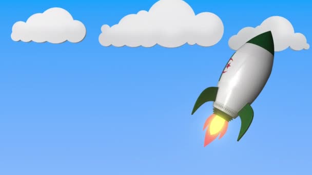 Bandeira da Argélia em foguete voando alto no céu. Sucesso argelino ou programa espacial relacionados fundo movimento loopable — Vídeo de Stock