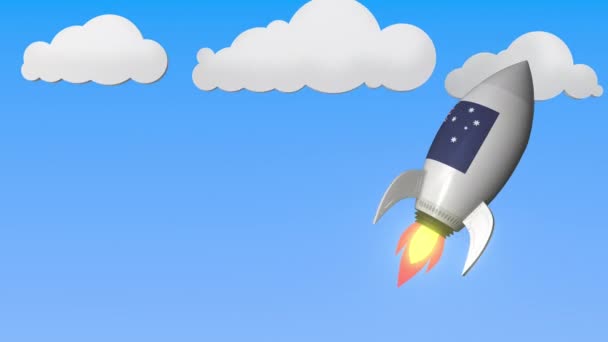 Bandeira da Austrália em foguetes voando alto no céu. Sucesso australiano ou programa espacial relacionado com fundo movimento loopable — Vídeo de Stock