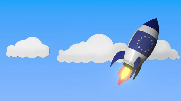 Bandera de la UE en cohete volando alto en el cielo. Rendición 3D relacionada con el éxito o el programa espacial de la Unión Europea — Foto de Stock