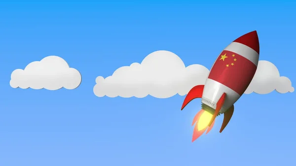 Rakete mit China-Flagge fliegt in den Himmel. Chinesischer Erfolg oder Raumfahrtprogramm im Zusammenhang mit 3D-Rendering — Stockfoto