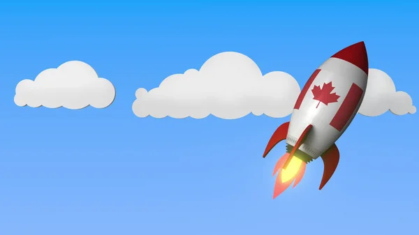 Flagge Kanadas auf einer Rakete hoch am Himmel. Kanadischer Erfolg oder Raumfahrtprogramm im Zusammenhang mit 3D-Rendering — Stockfoto