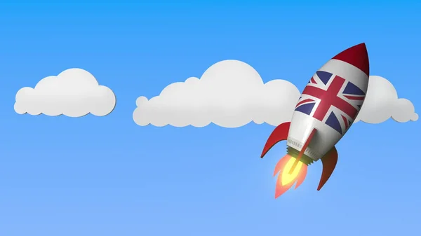 Storbritanniens flagga på raket som flyger högt på himlen. Brittisk framgång eller rymdprogram relaterade 3D-rendering — Stockfoto