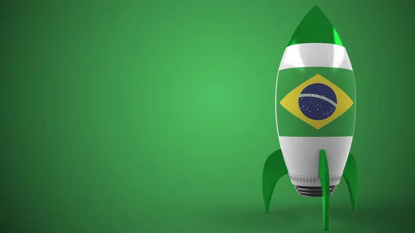 Bandeira do Brasil em foguete de brinquedo. Hitech brasileiro ou programa espacial relacionado a renderização 3D conceitual — Fotografia de Stock