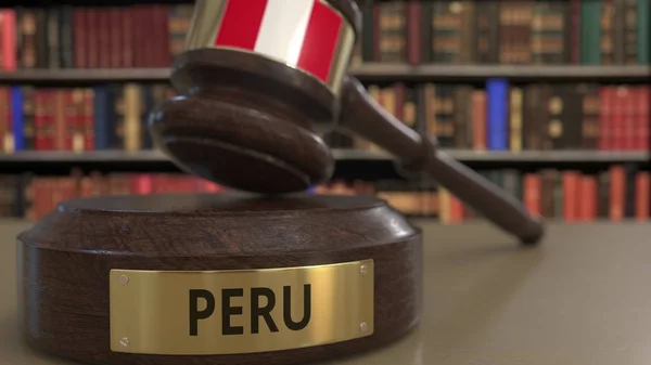 Flag of Peru on judges gavel in court. National justice or jurisdiction related conceptual 3D rendering — Stock Photo, Image